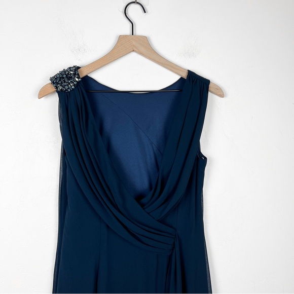 Tadashi Shoji Full Length Embellished Shoulder Open Back Gown Dress in Navy - Picture 5 of 11